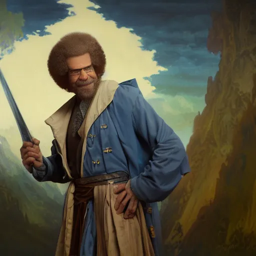 Image similar to an ultra detailed matte painting bob ross as a blue mage from final fantasy, fantasy concept art by alphonse mucha and greg rutkowski, octane render, 8 k, detailed face