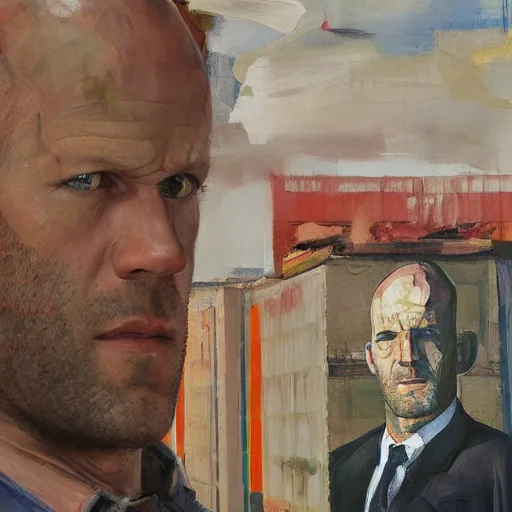 Prompt: portrait of jason statham pet detective standing atop a garbage truck mark rothko lucian freud greg rutkowski