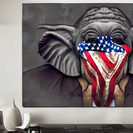 Image similar to elephant yoda patriot potus, modern art placed in a large living room, art designers magazine HD photo superrealism 3d 8k resolution