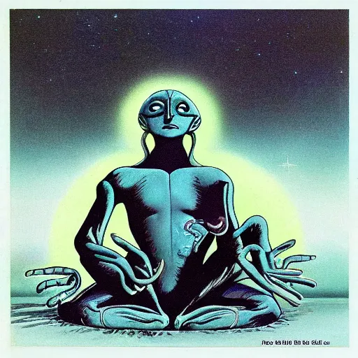 Prompt: aliens from fantastic planet deep in meditation, retroscifi