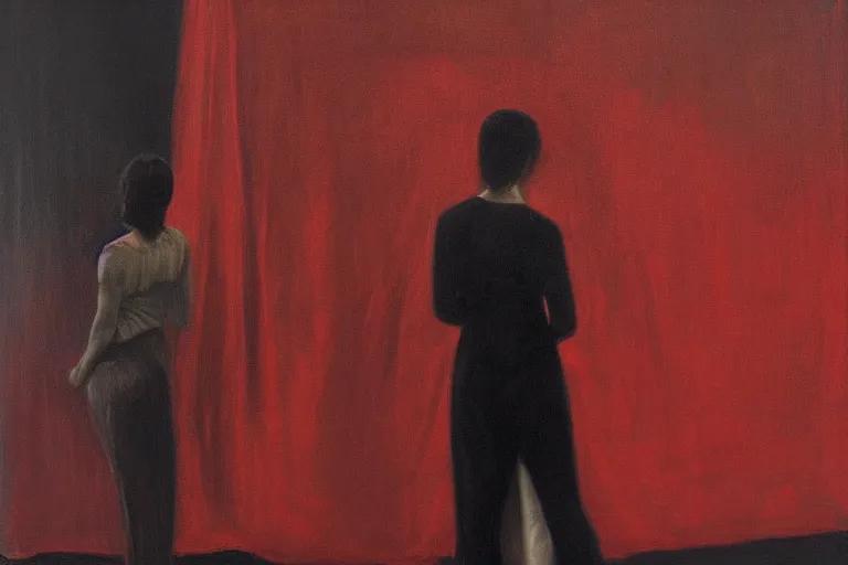 Prompt: portrait in sideview of woman, standing before a red banner. mia bergeron