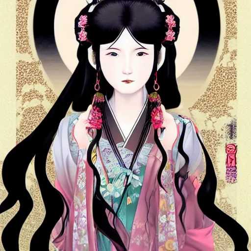 Image similar to portrait of the japanese moon princess kaguya hime with long flowing black hair wearing an ornate kimono with intricate floral patterns, touhou character illustration by ross tran, bo chen, toni infante, rebecca oborn, michael whelan, trending on artstation cgsociety hq