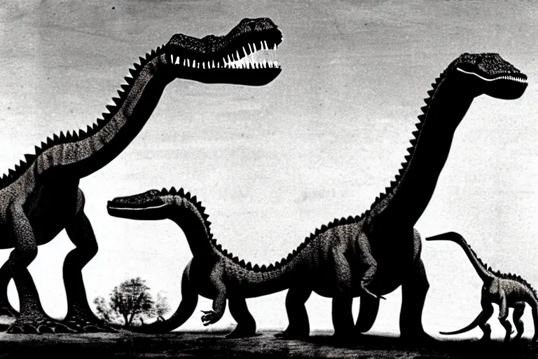 Prompt: The first picture ever taken on earth, at the time of dinosaurs. Diplodocus and Stegosaurs.