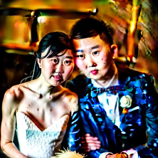 Image similar to cookie monster marrying justin sun, professional wedding photography