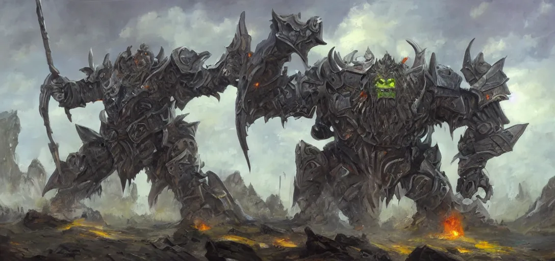 Prompt: oil painting of a single giant orc in futuristic armor roars as it steps over it's fallen enemy's bodies