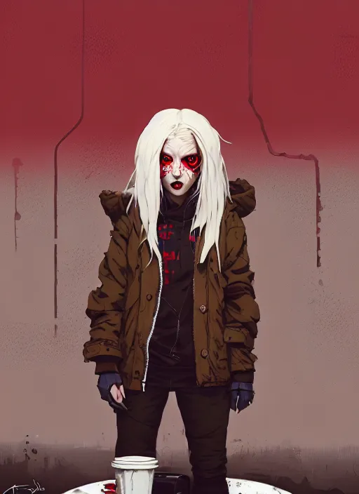 Image similar to highly detailed portrait of a sewer punk canadian lady, tartan hoody, white hair by atey ghailan, by greg rutkowski, by greg tocchini, by james gilleard, by joe fenton, by kaethe butcher, gradient red, brown, blonde cream and white color scheme, grunge aesthetic!!! ( ( graffiti tag wall background ) )