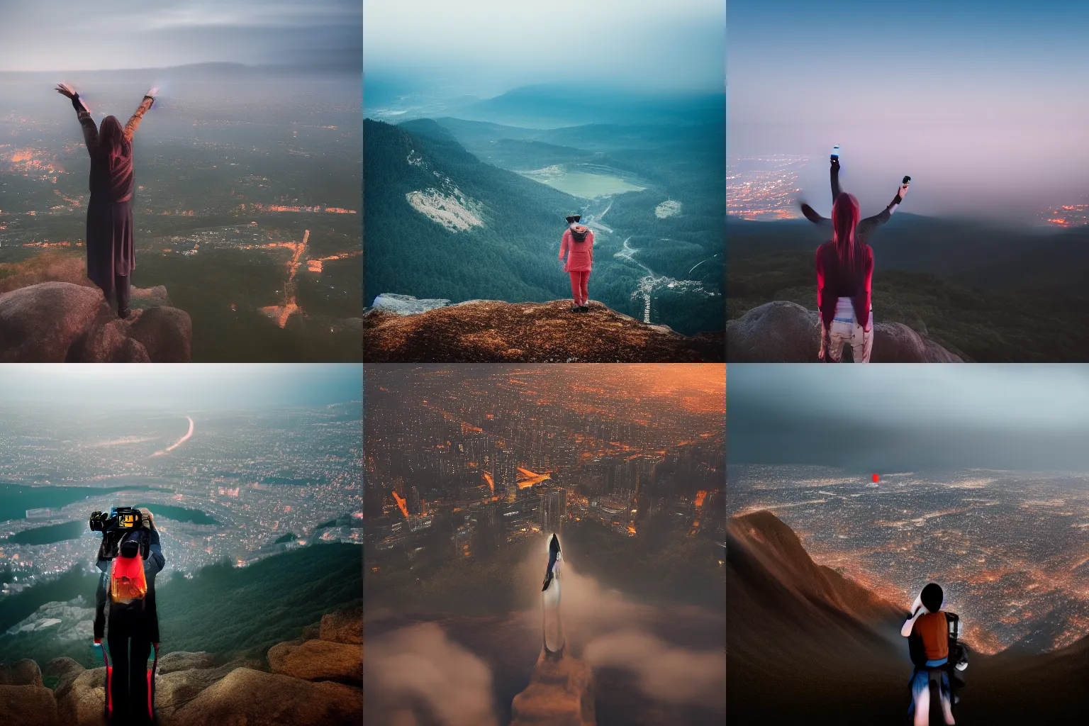 Prompt: a woman standing on top of a mountain overlooking a glowing city below with a drone flying beside her, camera obscura, photography, realistic, technology, dark, gloomy, misty, ethereal, 4k, detailed