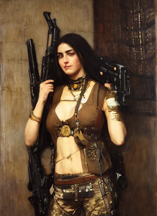 Image similar to Maria. beautiful cyberpunk mercenary wearing military vest. Iranian orientalist portrait by john william waterhouse and Edwin Longsden Long and Theodore Ralli and Nasreddine Dinet, oil on canvas. Cinematic, hyper realism, dramatic lighting, high detail 4k