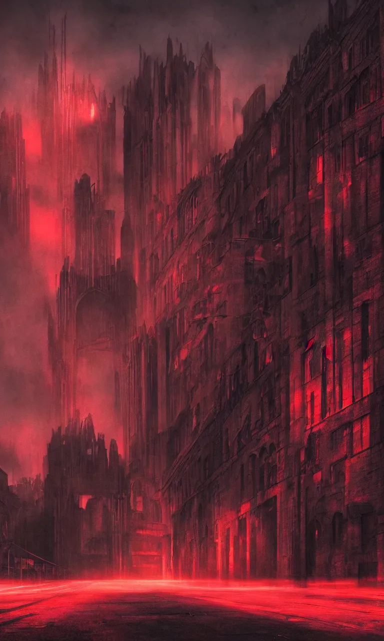 Image similar to Matte painting of dark brutalist cathedral with red neon lights, abandoned streets, cityscape, dark sky,