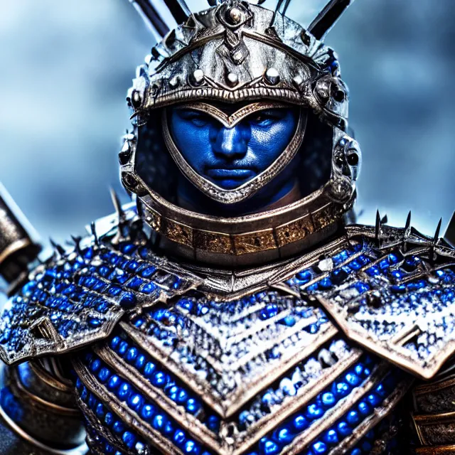 Prompt: full body photo of a beautiful cute strong warrior king wearing sapphire encrusted armour, highly detailed, 8 k, hdr, smooth, sharp focus, high resolution, award - winning photo