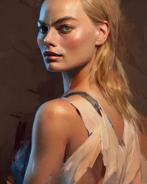 Prompt: Full view realistic portrait of actress margot robbie, masterpiece by Craig Mullins Artgerm in the style of Ruan Jia, wlop, Ross Tran, detailed and realistic, soft lighting, intricate details, realistic, full view, Artstation, CGsociety