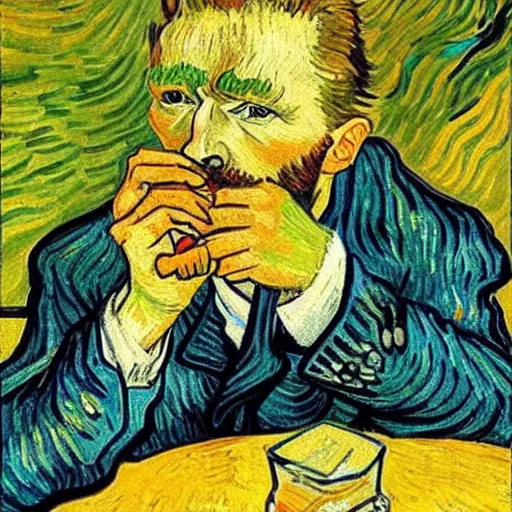 Prompt: van gogh drinking absinthe in a cafe, in the style of van gogh