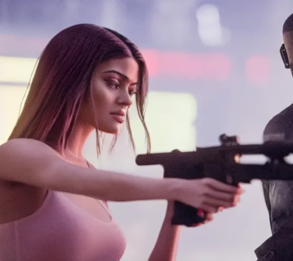 Image similar to a movie still of kylie jenner as joi aiming a gun at ryan gosling in the movie blade runner 2 0 4 9