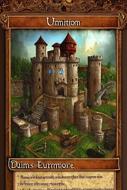 Prompt: dominion eurogame card showing a rustic castle. fantasy deviantart