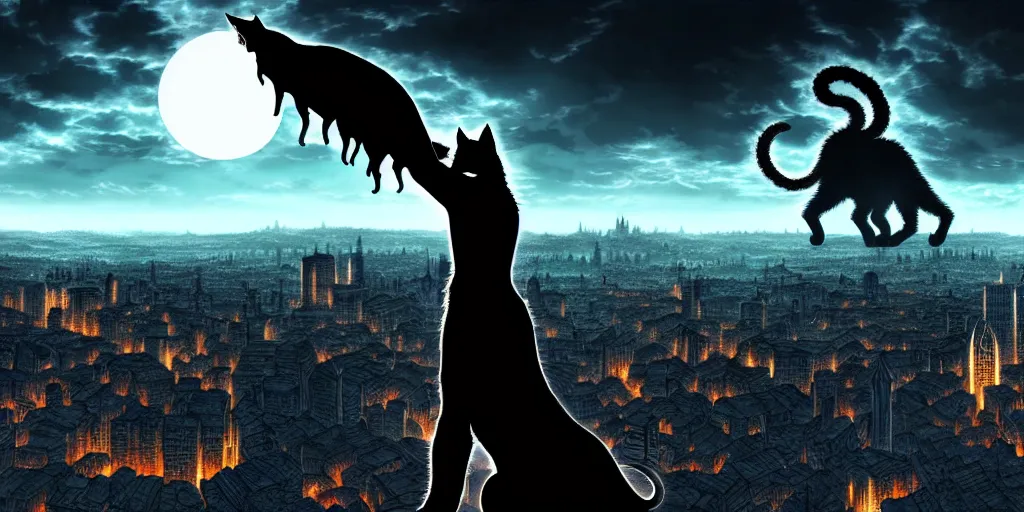 Image similar to Huge cat monster silhouette above a city, in the style of Kentaro Miura, Berserk, landscape, hyperdetailed, ultra quality, 4k, ultra details