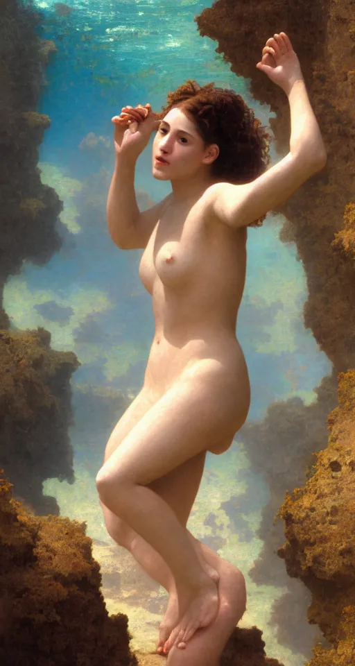 Image similar to Portrait of a beautiful female Atlantean swimmer, underwater swimming in large rock trench, toward the sun rays and caustics, Regal, Realistic, Refined, Detailed Digital Art, Oil Painting, William-Adolphe Bouguereau, Art Frahm, Esao Andrews,, Highly Detailed, Cinematic Lighting, Unreal Engine, 8k, HD