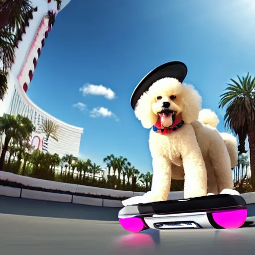 Prompt: fluffy poodle traveling on a hoverboard in las vegas, [ 4 k digital art ]!!, trending on cgsociety - n 8