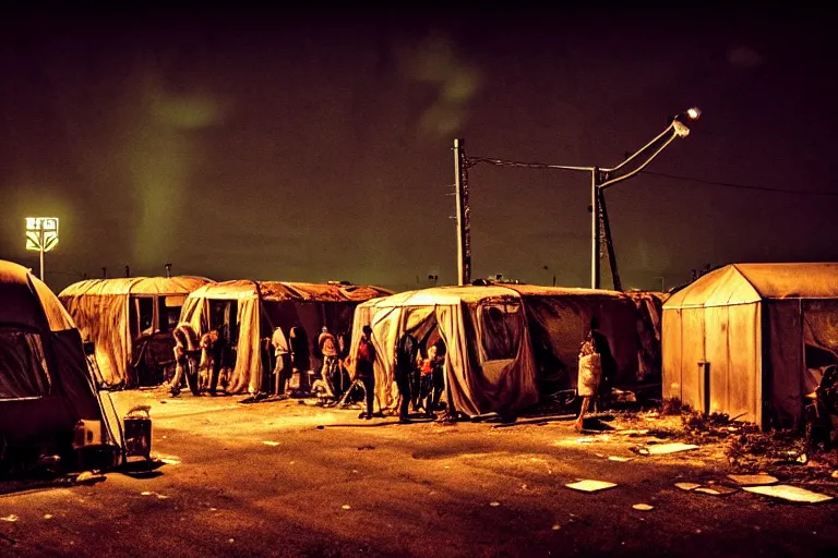 Image similar to post apocalyptic us dinner being used as a shelter, dystopian, people huddled, night, spot lights, rust