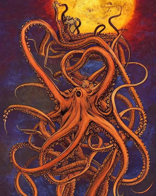 Image similar to a painting of an octopus attacking a giant squid, a fine art painting by gary freeman and by tim white and by philippe druillet, artstation, fantasy art, lovecraftian, bioluminescence, cosmic horror