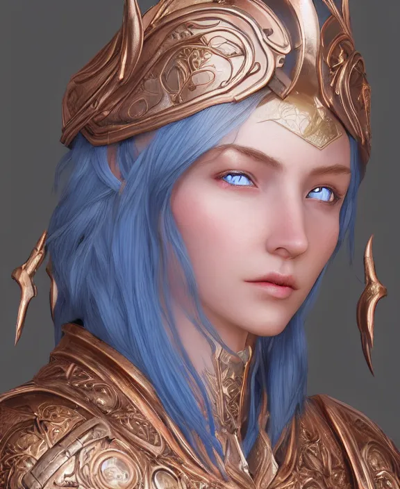 Prompt: a beautiful and highly detailed digital portrait of a dignified female elven paladin with blue hair in rose gold armor by jia ruan, clint cearley, and karol bak, centered, artsation contest winner, cgsociety, fantasy art, cryengine, concept art, photorealism, daz 3 d, sketchfab, zbrush, vray