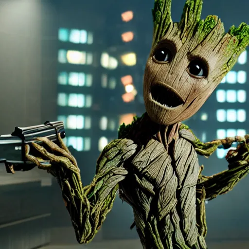 Prompt: Groot robbing a bank, still image, cinematic, shotgun