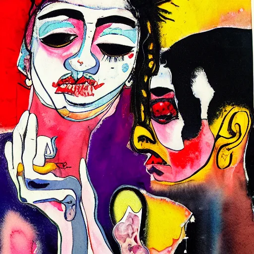 Prompt: watercolor painting of two bizarre psychedelic goth women kissing each other closeup in a sushi bar in japan, speculative evolution, mixed media collage by basquiat and jackson pollock, maximalist magazine collage art, sapphic art, lesbian art, chemically damaged