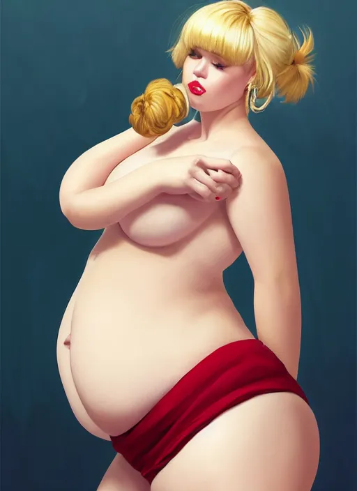 Image similar to full body teenage betty cooper, blonde hair, obese, bangs, ponytail, sultry, realistic, sultry smirk, ponytail, fluffy bangs, curly bangs, fat, belly, beautiful girl, intricate, elegant, highly detailed, digital painting, artstation, concept art, smooth, sharp focus, illustration, art by wlop, mars ravelo and greg rutkowski