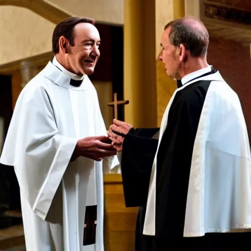 Prompt: kevin spacey dressed up as a catholic priest, giving out communion to people