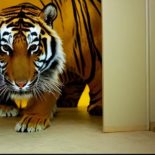 Image similar to a tiger is trapped in the backrooms, found footage, vhs, chromatic aberration, teaser trailer