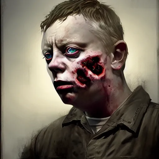 Image similar to young adult bernard sumner of new order as a zombie looking sad, 7 days to die zombie, gritty background, fine art, award winning, intricate, elegant, sharp focus, cinematic lighting, digital painting, 8 k concept art, art by michael hussar, art by brom, art by guweiz and z. w. gu, 8 k