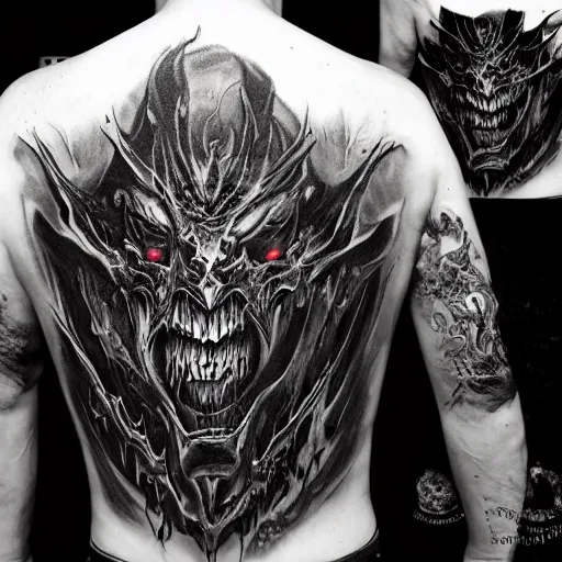 Image similar to diablo lord of terror, engulfed in flames, detailed greyscale tattoo by Dmitriy Tkach