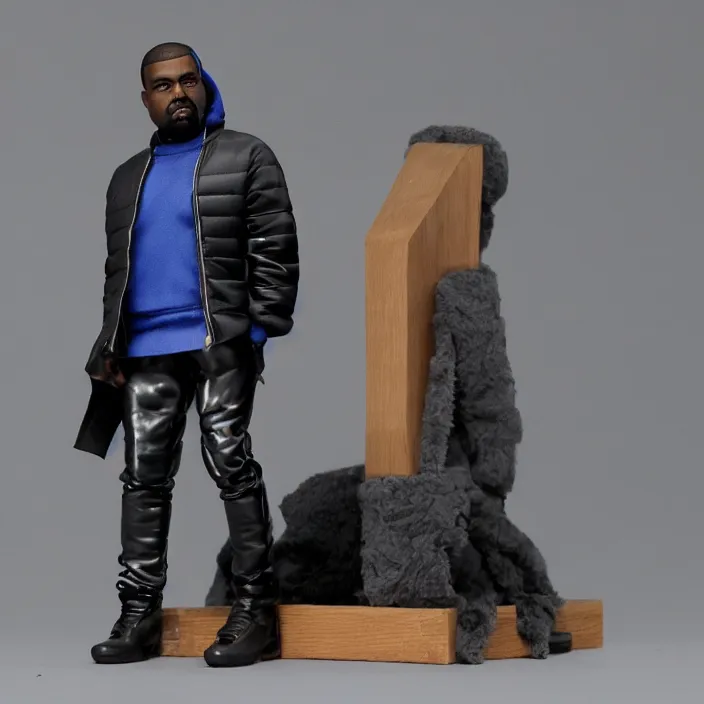 Image similar to a goodsmile figure of kanye west using a full face covering black mask, a small, tight, undersized reflective bright blue round puffer jacket made of nylon, dark jeans pants and big black balenciaga rubber boots, figurine, detailed product photo