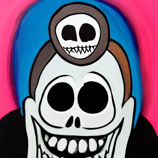 Image similar to smiling skeleton with puffy blue jacket and black shorts, painting