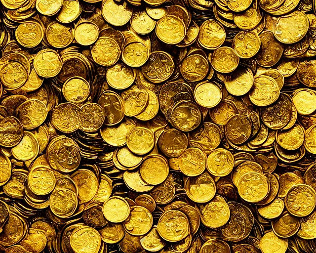 Prompt: 4 k hd, high resolution landscape photograph of fields covered with gold coins, raining dollars, shot with sigma f / 4. 2, 2 5 0 mm sharp lens, wide shot, high level texture render