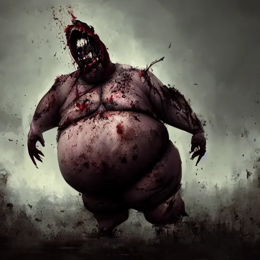 Image similar to angry extremely fat obese giant bloated zombie, full body portrait, with clothese, horror core, apocalyptic, feeling of grimdark, sharp focus, fiction, hyper detailed, digital art, trending in artstation, cinematic lighting, studio quality, smooth render, unreal engine 5 rendered, octane rendered, art style and nixeu and wlop and krenz cushart