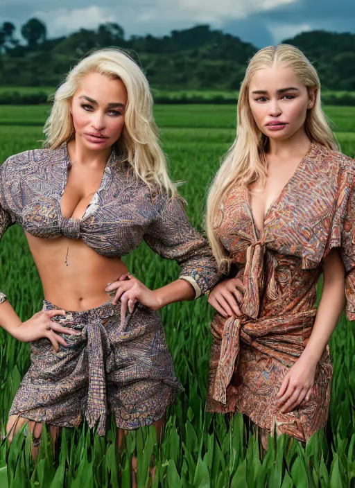 Prompt: portrait of lindsey pelas and emilia clarke wearing tied batik shirt in a paddy field, by charlotte grimm, studio light, detailed face, canon eos c 3 0 0, ƒ 1. 8, 3 5 mm, 8 k, medium - format print, half body shot