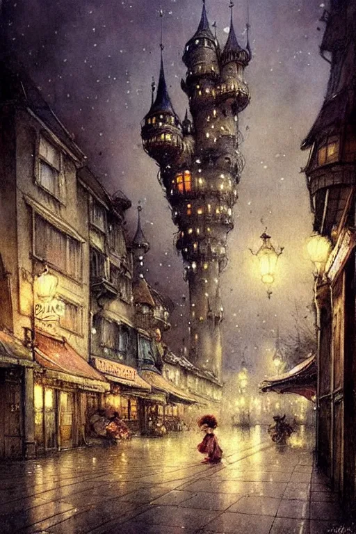 Prompt: (((((1950s fairy tale city at night . muted colors.))))) by Jean-Baptiste Monge !!!!!!!!!!!!!!!!!!!!!!!!!!!