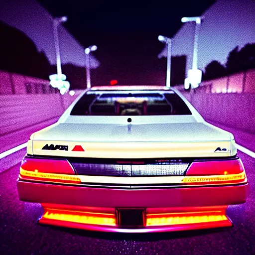 Image similar to a car Toyota Chaser twin-turbo at illegal car meet, Saitama prefecture, city sunset mist neon lights, cinematic color, photorealistic, highly detailed, 200MM