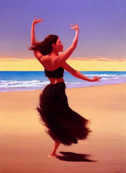 Image similar to painting of a girl with long brown hair dancing alone on a tropical beach. highly detailed, dramatic lighting, intense shadows, rich deep colours, by jack vettriano