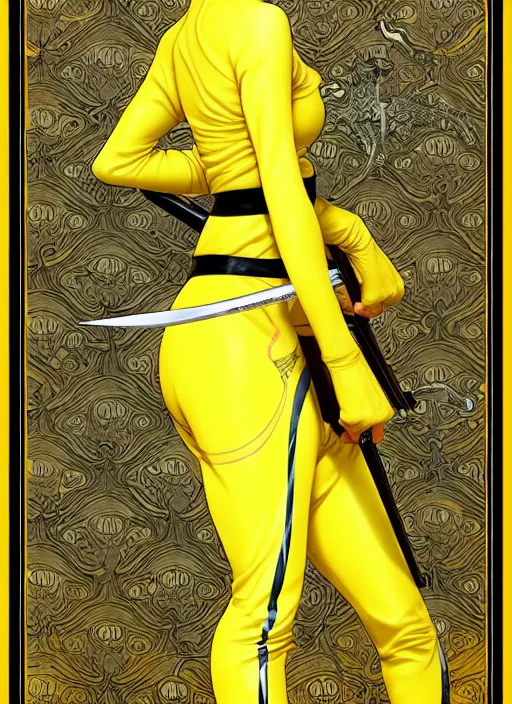 Image similar to uma squidward in kill bill, rococo and art nouveau fusion, reflective katana, yellow jumpsuit with black stripe, highly detailed, deep focus, elegant, digital painting, smooth, sharp focus, illustration, ultra realistic, japanese art by artgerm and alphonse mucha