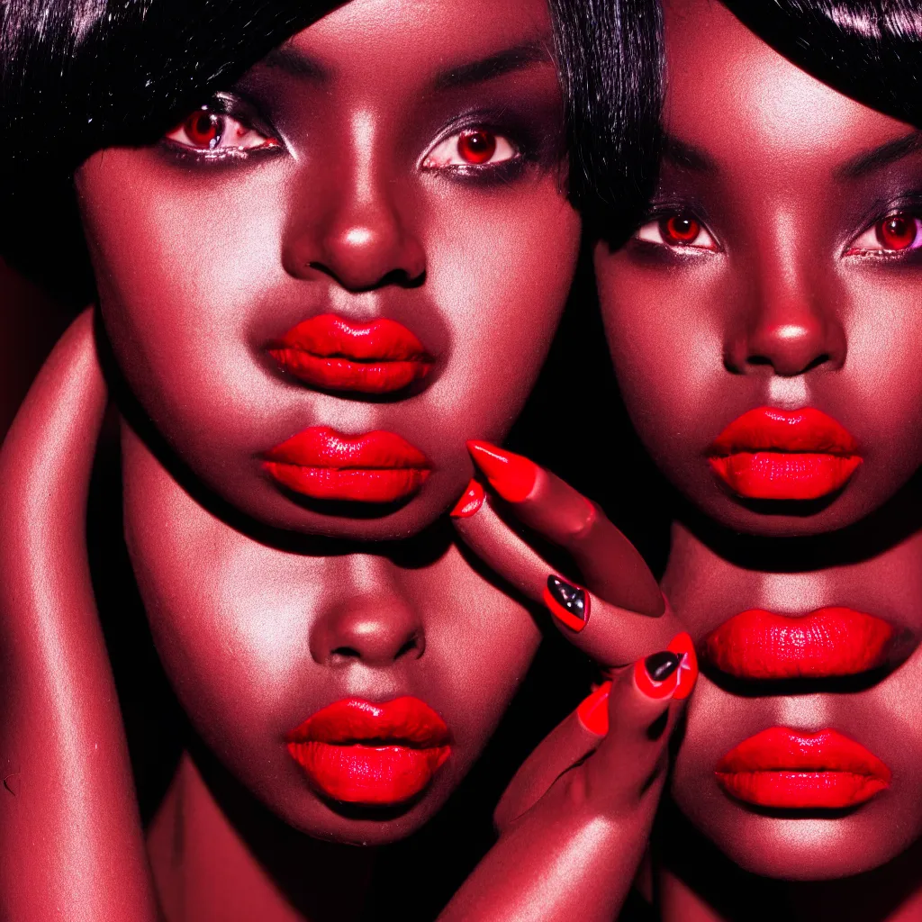 Image similar to medium shot, photograph of alluring dark skin female robot looking into camera, red lipstick, sharp focus,, chromatic abberations, as fashion editorial 9 0 s