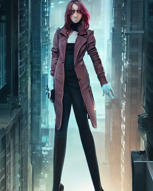 Prompt: photorealistic character portrait of a beautiful half cyborg woman with a mischievous look, the half cyborg woman is wearing a long trench coat, in a rooftop scene, character portrait in the style of Artgerm and NeoArtCorE, rooftop scene by Liam Wong