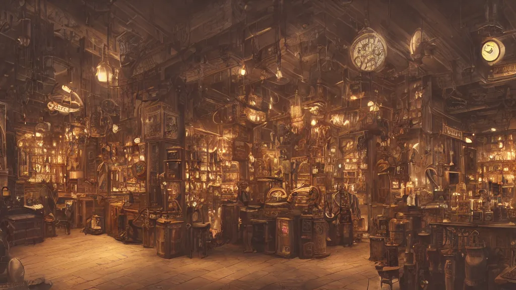 Prompt: A highly detailed image of a steampunk store, by Danar Worya, by Greg Rutkowski, by artgerm, by beeple, volumetric lighting, 4k resolution, octane render, trending on artstation