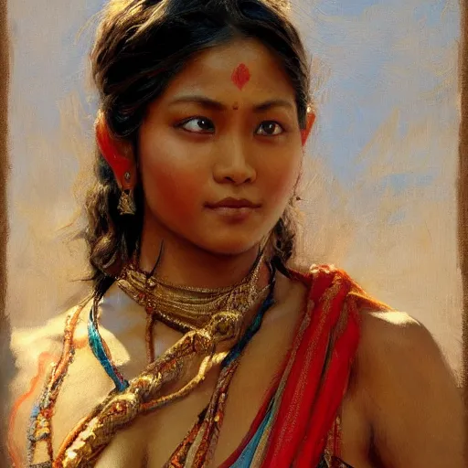 Prompt: a fit and muscular nepali woman from side wearing sari. highly detailed painting by gaston bussiere, craig mullins, j. c. leyendecker 8 k