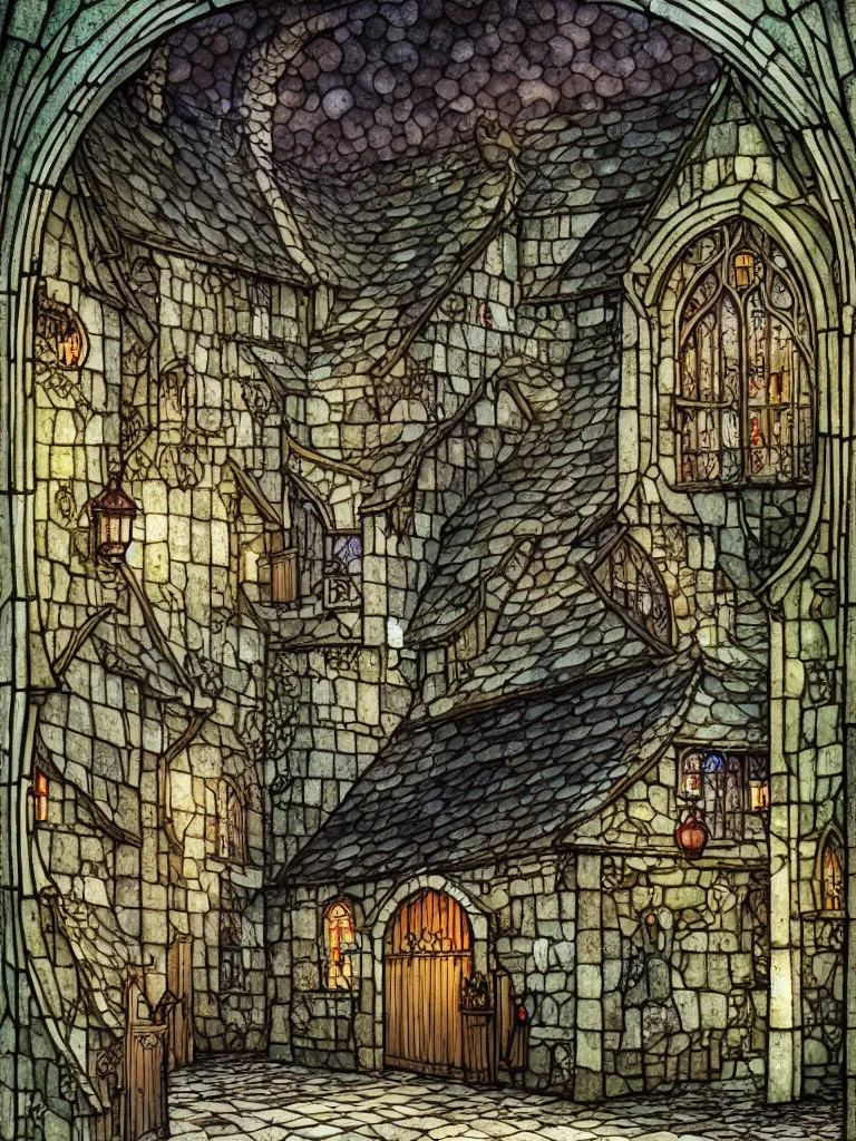 Prompt: arched medieval tavern stained glass window exterior, shingled roof, dark alleyway, fantasy, intricate, elegant, highly detailed, digital painting, artstation, concept art, matte, sharp focus, illustration, art by kay nielsen and walter crane, illustration style, watercolor