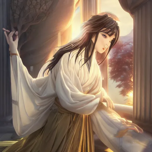 Image similar to a young beautiful prince, golden eyes, long black hair, white hanfu, elegant, intricate, backlit, incredible lighting, strong rim light, subsurface scattering, hyper realistic anime, HDRI, vivid colors, high contrast, unreal engine, cgsociety, octane render, beautiful landscape, cherry trees, highly detailed digital painting, by Heise Jinyao, Heise-Lian Yan Fang, Feimo, Rossdraws, Sakimichan, trending on artstation, 8k