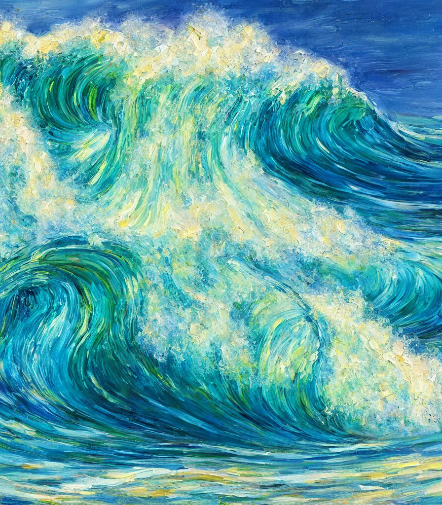 Prompt: an impasto oil painting of a beautiful barreling wave af pipeline in hawaii, traidic color scheme, high detail, breathtaking wave, modern art, abstract art, soft colors