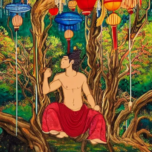 Prompt: painting of a god of wind enjoying his heavenly palace, decorated with windchimes and paper lanterns, stunning nature in background