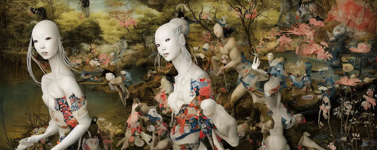 Image similar to Japanese Garden by Hieronymus Bosch and James Jean, Ross Tran, Porcelain Japanese Mannequins, HD, hypermaximalist, 8k, surreal oil painting, highly detailed, dream like, masterpiece