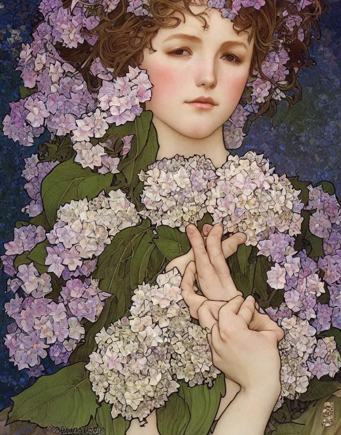 Prompt: Realistic detailed isolated hydrangea flower by Alphonse Mucha, Ayami Kojima, Amano, Charlie Bowater, Karol Bak, Greg Hildebrandt, Jean Delville, and Mark Brooks